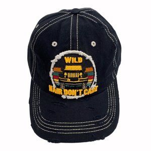 Off Road SUV Wild Hair Don’t Care Distressed Style Black Cap Hat - NEW Fast Ship